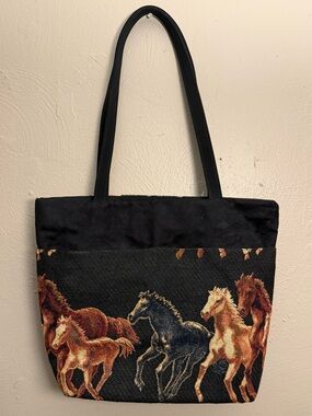 Vintage Black Tapestry Horse Equestrian Suede Tote Bag, Made in USA.